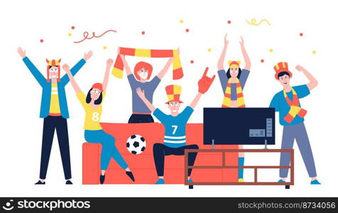 Sport tv fans. Teenager football watching on tv sitting on sofa. Flat fan friends support soccer team, characters group at home recent vector scene of tv fan football illustration. Sport tv fans. Teenager football watching on tv sitting on sofa. Flat fan friends support soccer team, characters group at home recent vector scene