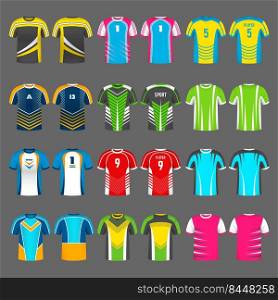 Sport uniform. Athletic team t shirts sport identity for active game players soccer basketball recent vector colored templates. Illustration of team uniform for football or soccer. Sport uniform. Athletic team t shirts sport identity for active game players soccer basketball recent vector colored templates