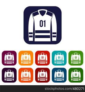 Sport uniform icons set vector illustration in flat style in colors red, blue, green, and other. Sport uniform icons set