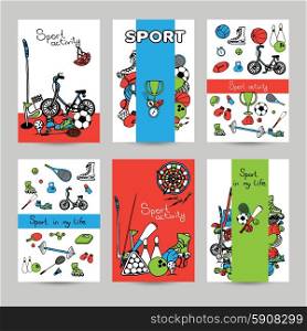Sport vertical paper banner set with sketch game equipment isolated vector illustration. Sport Banner Set
