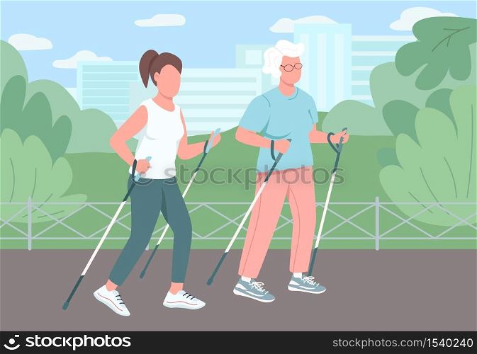 Sport walking flat color vector illustration. Different age women. Retired grandmother exercise in park. Lady workout outside. Female relatives 2D cartoon characters with landscape on background. Sport walking flat color vector illustration