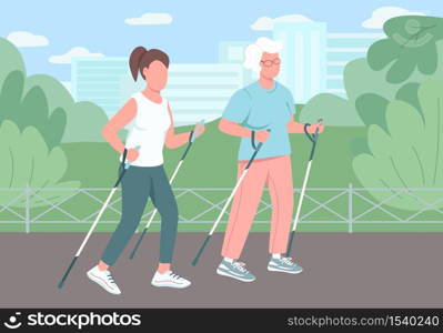 Sport walking flat color vector illustration. Different age women. Retired grandmother exercise in park. Lady workout outside. Female relatives 2D cartoon characters with landscape on background. Sport walking flat color vector illustration