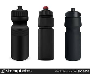 Sport water bottle isolated black mockup. Reusable bicycle bottle blank. Vector sport bottle for fitness, mountain hiking or training. Travel, tourism adventure beverage container. Sport water bottle isolated black mockup. Bicycle bottle