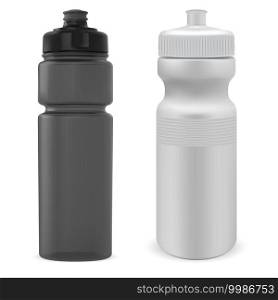 Sport whater bottle. Plastic gym bottle mockup. Bike flask black and white blank template. Reusable nutritional shaker, athletic bodybuilding. Cycling bottle, hiking or yoga, tourism. Sport whater bottle. Plastic gym bottle mockup 3d