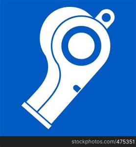 Sport whistle icon white isolated on blue background vector illustration. Sport whistle icon white