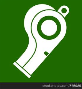 Sport whistle icon white isolated on green background. Vector illustration. Sport whistle icon green