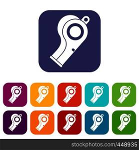Sport whistle icons set vector illustration in flat style In colors red, blue, green and other. Sport whistle icons set flat