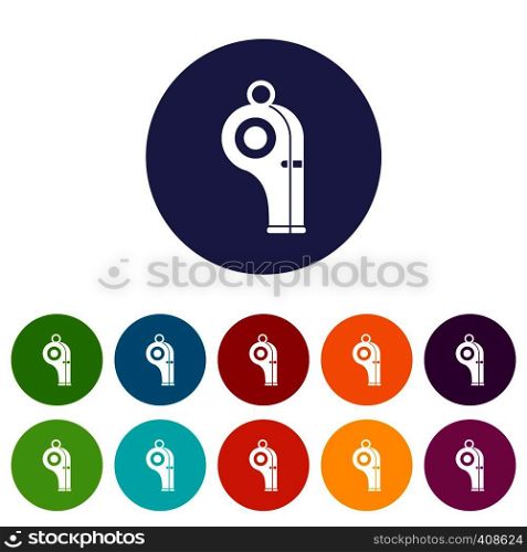 Sport whistle set icons in different colors isolated on white background. Sport whistle set icons