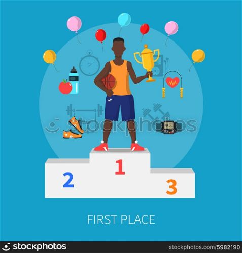 Sport Winner Concept . Sport winner concept with first place symbols on blue background flat vector illustration
