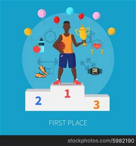Sport Winner Concept . Sport winner concept with first place symbols on blue background flat vector illustration