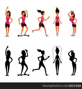 Sport woman characters. Vector female fitness silhouettes isolated on white background. Young girl exercise workout in black silhouette, sporty and active illustration. Sport woman characters. Vector female fitness silhouettes isolated on white background