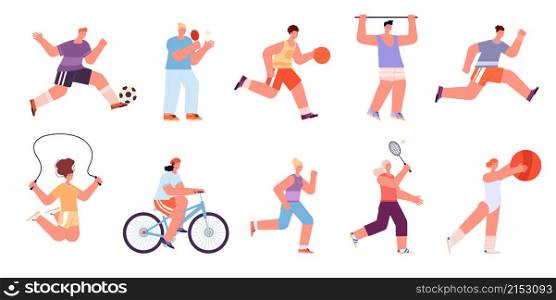 Sport workout characters. Male jogging, sports exercises doing. Badminton player, fitness training people. Running woman utter vector collection. Illustration workout athlete, male and female. Sport workout characters. Male jogging, sports exercises doing. Badminton player, fitness training people. Running woman utter vector collection
