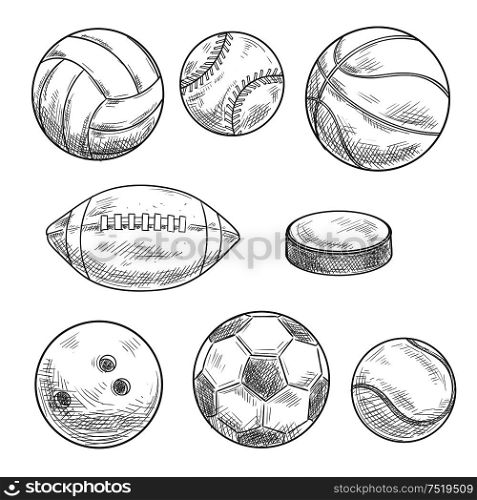 Sporting balls and puck isolated sketches. Sporting items and equipment for soccer or football, basketball, volleyball, rugby, baseball, tennis, ice hockey and bowling. Sporting balls and hockey puck isolated sketches