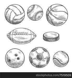 Sporting balls and puck isolated sketches. Sporting items and equipment for soccer or football, basketball, volleyball, rugby, baseball, tennis, ice hockey and bowling. Sporting balls and hockey puck isolated sketches