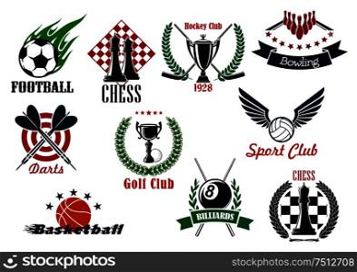 Sporting emblems for competitions in football or soccer, basketball, hockey, volleyball, golf, billiards, bowling, darts and chess with game items, wreaths and ribbon banners. Sporting emblems, icons and symbols