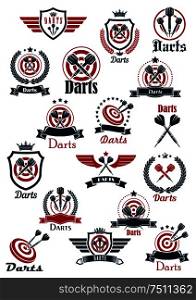 Sporting emblems for darts game club with arrows on red dartboards and crowned medieval shields with wings, supplemented by laurel wreaths, ribbon banners and stars. Sport darts game symbols and icons
