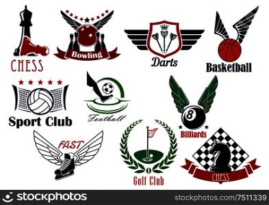 Sporting game retro emblems design for competitive sport games such as football or soccer, basketball, ice hockey, golf, chess, volleyball, darts, bowling and billiards. Sporting game or team emblems in retro style
