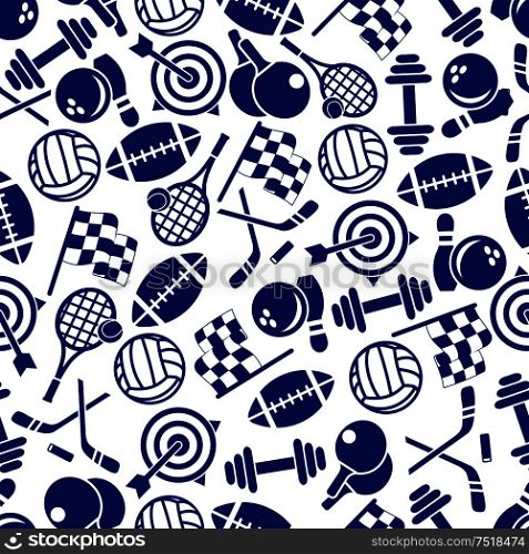 Sporting item and equipment seamless pattern with american football and volleyball ball, tennis racket, ice hockey stick and puck, bowling ball and ninepin, motorsport racing flag, target and dumbbell. Sporting game equipment seamless pattern
