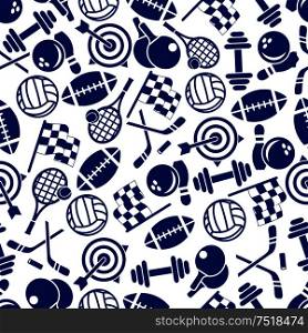 Sporting item and equipment seamless pattern with american football and volleyball ball, tennis racket, ice hockey stick and puck, bowling ball and ninepin, motorsport racing flag, target and dumbbell. Sporting game equipment seamless pattern