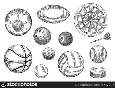 Sporting items for individual and team sporting games isolated sketches with balls for soccer or football, volleyball and basketball, rugby and baseball, golf and tennis, bowling and billiards, dart board with arrow and ice hockey puck. Sporting items sketches for sport game design