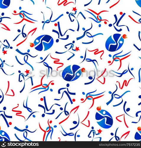 Sporting seamless pattern of blue and red abstract ribbon silhouettes of dancing and jumping sportsmen on white background. May be use as sport competition theme or scrapbook page backdrop design. Sporting seamless pattern with dancing sportsmen
