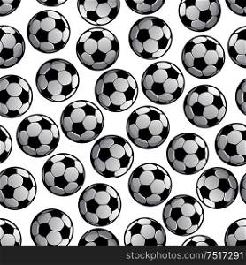 Sporting seamless pattern of football or soccer balls. For sport game or competition theme and scrapbook page backdrop design with traditional tracery of white hexagons and black pentagons. Football or soccer balls seamless pattern