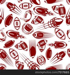 Sporting seamless pattern of swirling and speedy flight of red sketched american football and rugby balls. Adorned by ornamental flames and motion trails on white background. Seamless red sketched rugby balls pattern