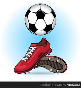 Sporting shoes and soccer ball drawn in cartoon style.. Boots and ball