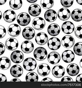 Sporting themed pattern of football game with bright cartoon seamless soccer balls over white background. Use as championship backdrop or sport club concept design. Football game seamless pattern with soccer balls