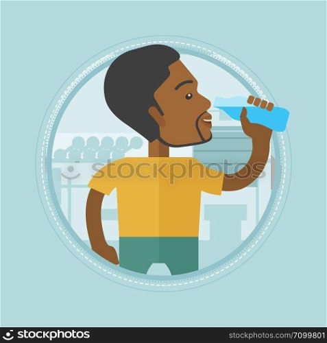 Sportive african-american man drinking water. Man with bottle of water in the gym. Sportsman drinking water from the bottle. Vector flat design illustration in the circle isolated on background.. Sportive man drinking water vector illustration.