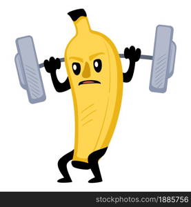 Sportive banana at gym using barbell to grow muscles, healthy and active lifestyle. Personage keeping fit and training for competition. Wellness and power of exotic fruit, vector in flat style. Bodybuilding banana using gym equipment, growing muscles vector