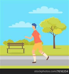 Sportive boy runner running in park with bench and tree, cartoon person side view. Vector person on walk, jogging guy jogger in sport cloth t-shirt and shorts. Sportive Boy Runner Running in Park Bench and Tree