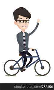 Sportive caucasian man riding a bicycle. Cyclist riding bike and waving his hand. Cheerful man on a bicycle. Healthy lifestyle concept. Vector flat design illustration isolated on white background.. Man riding bicycle vector illustration.