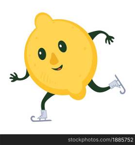 Sportive citrus character with smile on face, isolated skiing lemon. Active and healthy lifestyle of fruit. Cheerful mascot or emoticon personage in winter sports. Exotic emoji, vector in flat. Skiing lemon sportive character, sportsman mascot doing winter sports