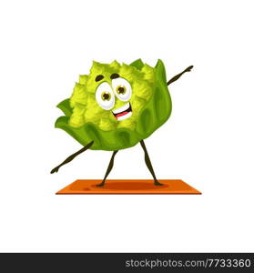 Sportive healthy Romanesco cabbage cartoon character with face, hands and legs on fitness pilates mat. Vector vegetarian food with happy smile, nutrition veggie on fitness workout, Roman cauliflower. Romanesco cabbage cartoon character fitness sport