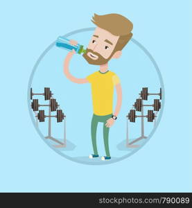 Sportive hipster man with the beard drinking water. Man with bottle of water in the gym. Sportsman drinking water from the bottle. Vector flat design illustration in the circle isolated on background.. Sportive man drinking water vector illustration.