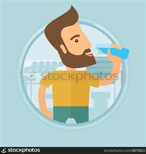 Sportive hipster man with the beard drinking water. Man with bottle of water in the gym. Sportsman drinking water from the bottle. Vector flat design illustration in the circle isolated on background.. Sportive man drinking water vector illustration.