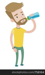 Sportive hipster man with the beard drinking water. Caucasian sportsman with bottle of water. Sportsman drinking water from the bottle. Vector flat design illustration isolated on white background.. Sportive man drinking water vector illustration.
