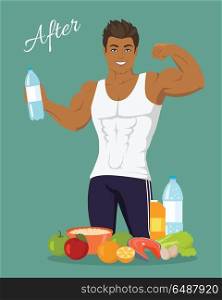Sportive Man After Diet. Healthy Balanced Nutrition. Sportive man after diet. Healthy balanced nutrition, consumption of organic food. Fitness and sport, right way of life. Part of series of promotion healthy diet and good fit. Vector illustration