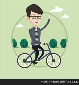 Sportive man riding a bicycle in the park. Caucasian cyclist riding a bicycle and waving his hand. Young man on a bicycle outdoors. Vector flat design illustration in the circle isolated on background. Man riding bicycle vector illustration.