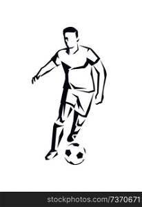 Sportive man running with ball playing football. Male wearing form shorts t-shirt in motion. Active athletic sportsman isolated on vector illustration. Sportive Man Running with Ball Vector Illustration
