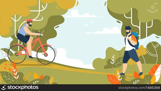 Sportive Men and Outdoors Activities on Nature. Riding Bicycle, Trekking and Walking. Cartoon Park Landscape. Active Lifestyle, Morning Exercising, Healthy Lifestyle. Vector Illustration. Sportive Men and Outdoors Activities on Nature