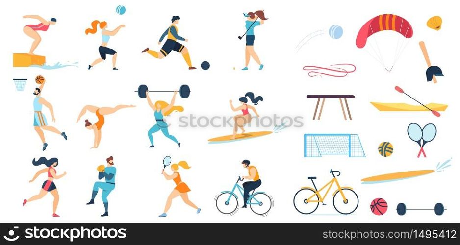 Sportive People Characters Set and Sport Equipment. Men Women Workout. Playing Golf, Tennis Basketball, Volleyball, Football, Baseball, Cycling, Diving, Lifting Weights, Surfing. Vector Illustration. Sportive People Characters Set and Sport Equipment