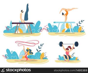 Sportive People Do Tricks with Gym Equipment Set. Weight Lifter, Acrobats and Gymnasts Characters. Cartoon Man and Women Training, Performing over Natural Scene. Vector Flat Illustration. Sportive People Do Tricks with Gym Equipment Set