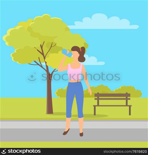 Sportive woman drinking water from bottle in city park with tree and bench. Vector girl in shirt and trousers with refreshing aqua or juice in pack. Sportive Woman Drinking Water. City Park and Bench