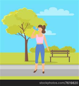 Sportive woman drinking water from bottle in city park with tree and bench. Vector girl in shirt and trousers with refreshing aqua or juice in pack. Sportive Woman Drinking Water. City Park and Bench
