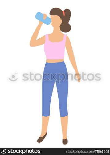 Sportive woman drinking water from bottle isolated cartoon character. Vector girl in shirt and trousers with refreshing aqua or juice in pack, flat design. Sportive Woman Drinking Water from Bottle Isolated