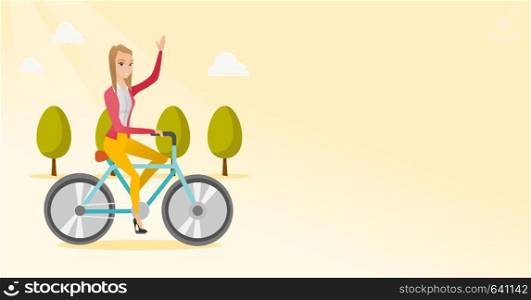 Sportive woman riding a bicycle in the park. Cyclist riding bicycle and waving hand. Young woman on a bicycle outdoors. Healthy lifestyle concept. Vector flat design illustration. Horizontal layout.. Woman riding bicycle vector illustration.