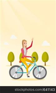 Sportive woman riding a bicycle in the park. Cyclist riding bicycle and waving her hand. Young woman on a bicycle outdoors. Healthy lifestyle concept. Vector flat design illustration. Vertical layout.. Woman riding bicycle vector illustration.