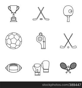 Sports accessories icons set. Outline illustration of 9 sports accessories vector icons for web. Sports accessories icons set, outline style